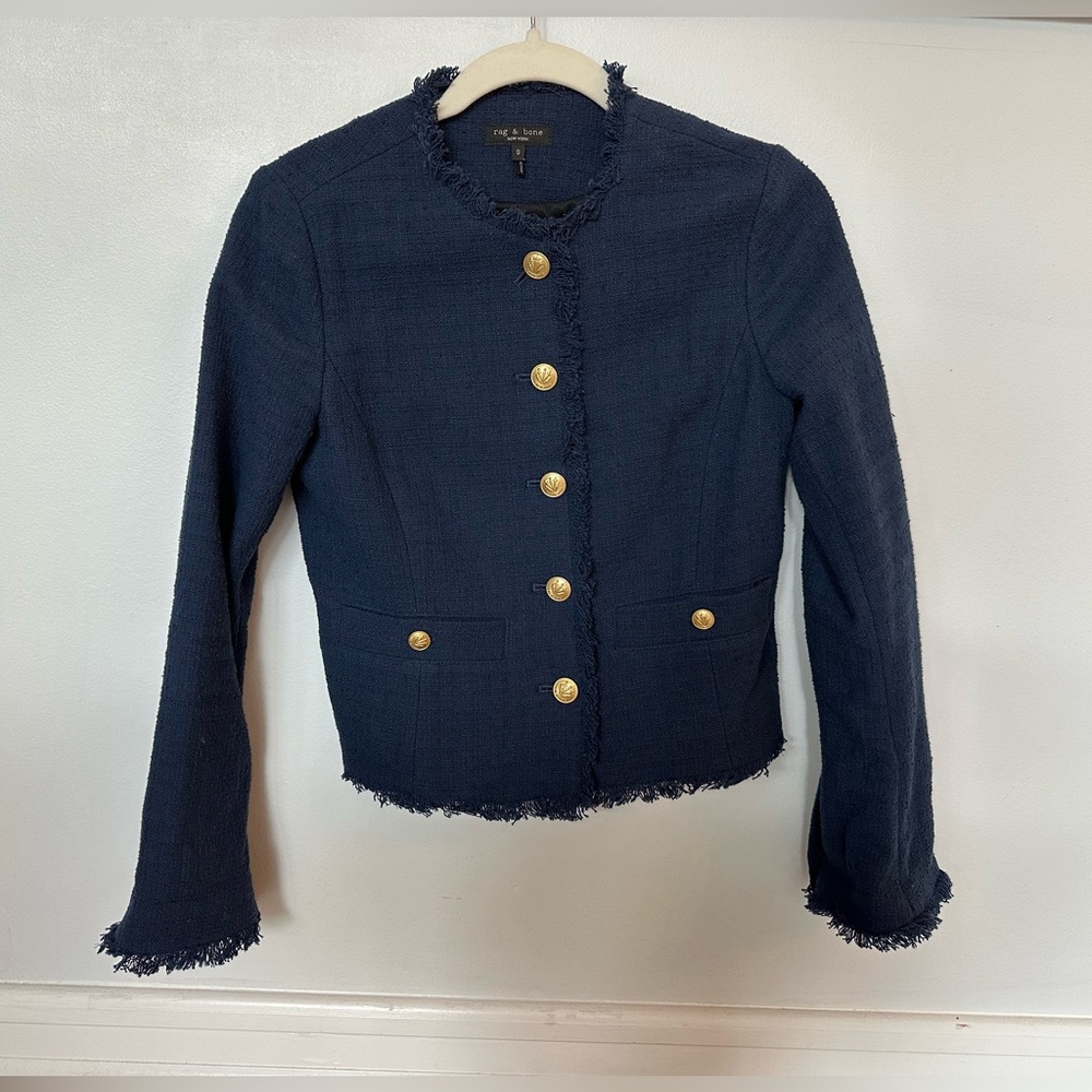 Rag and Bone Dark Blue Fringed Blazer with Gold Buttons